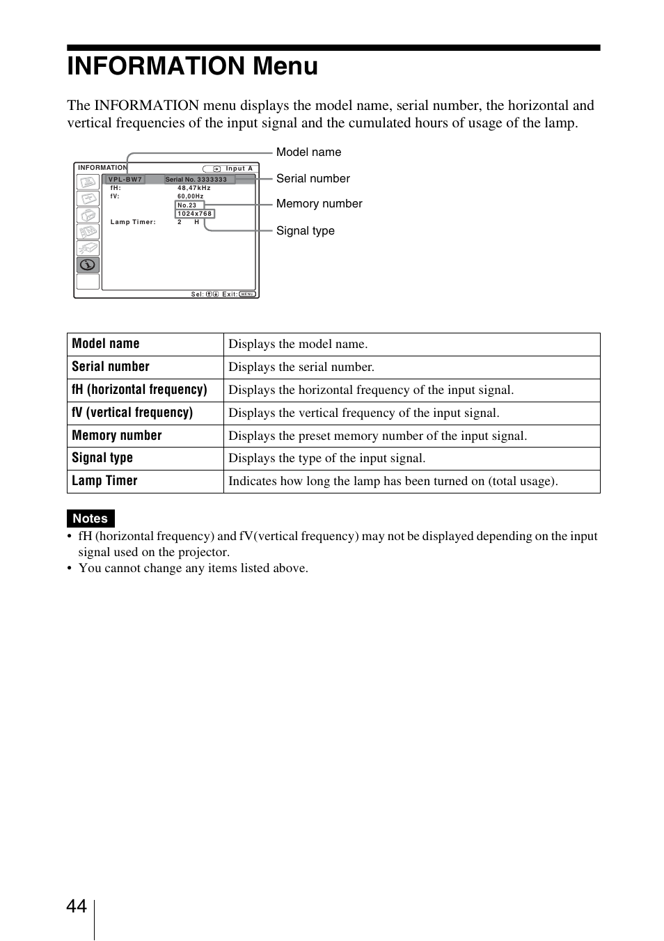 Information menu | Sony VPL-BW7 User Manual | Page 44 / 64
