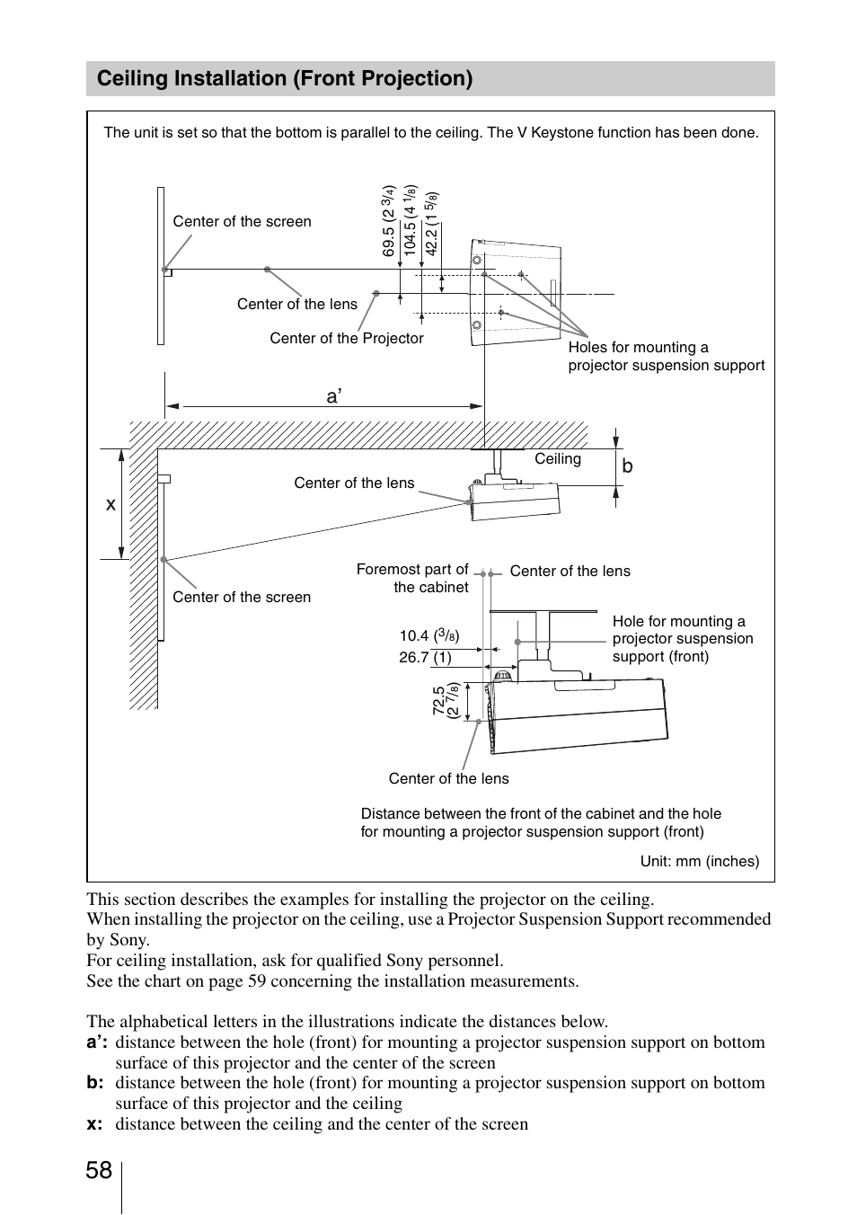 Ceiling installation (front projection), Ceiling installation, Front projection) | Sony VPL-BW7 User Manual | Page 58 / 64