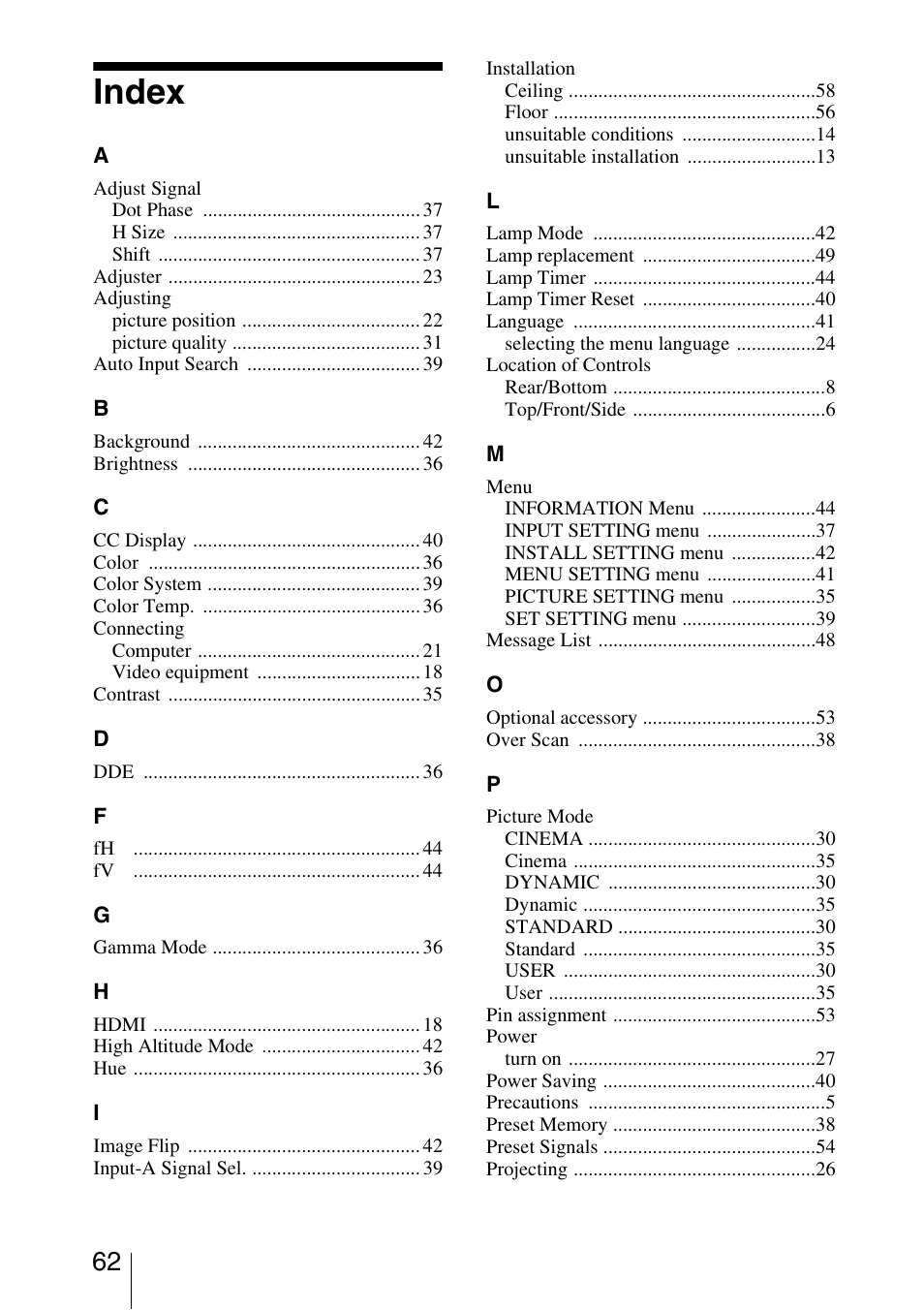Index | Sony VPL-BW7 User Manual | Page 62 / 64