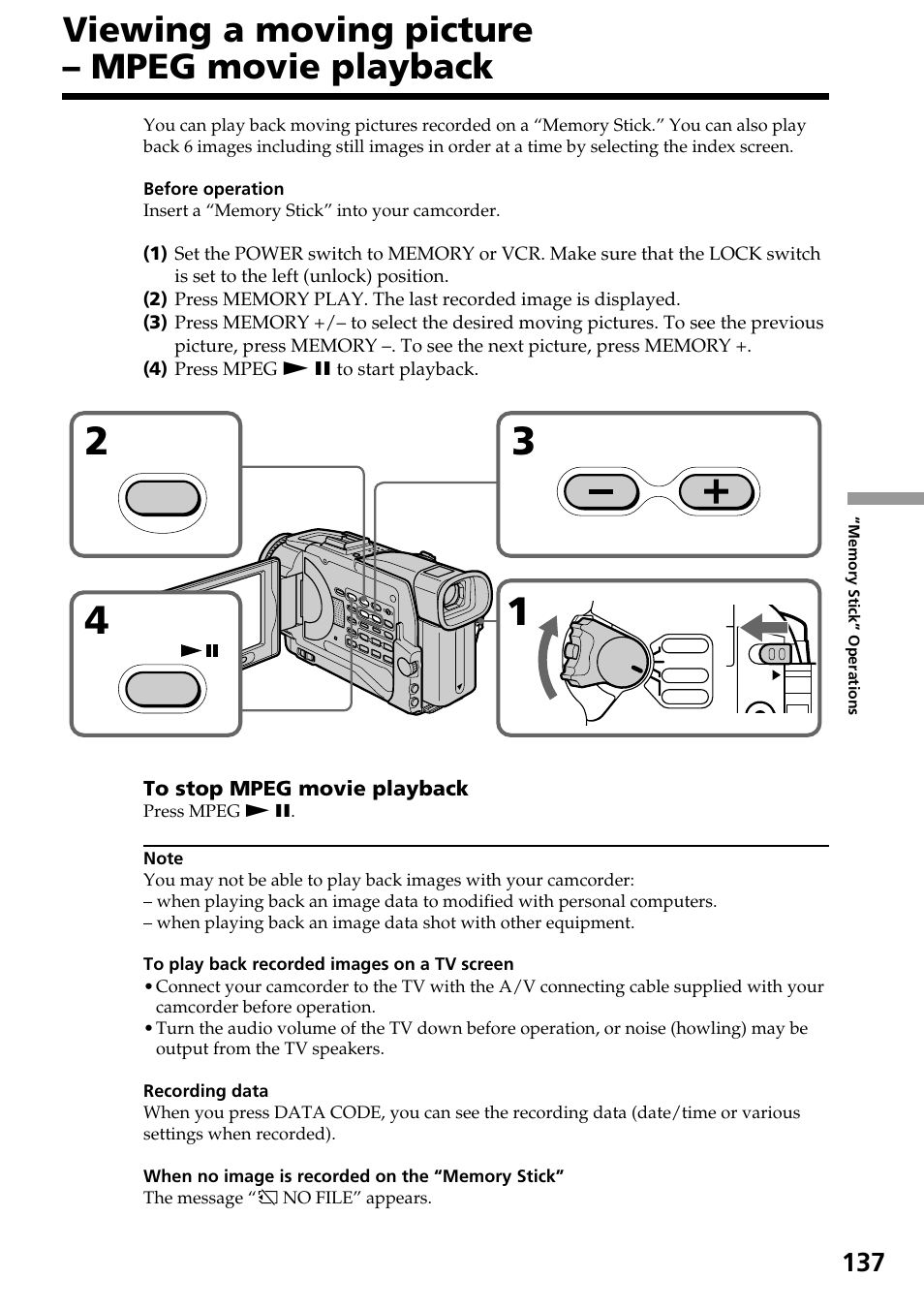 Viewing a moving picture – mpeg movie playback, Play | Sony DCR-TRV30 User Manual | Page 137 / 188