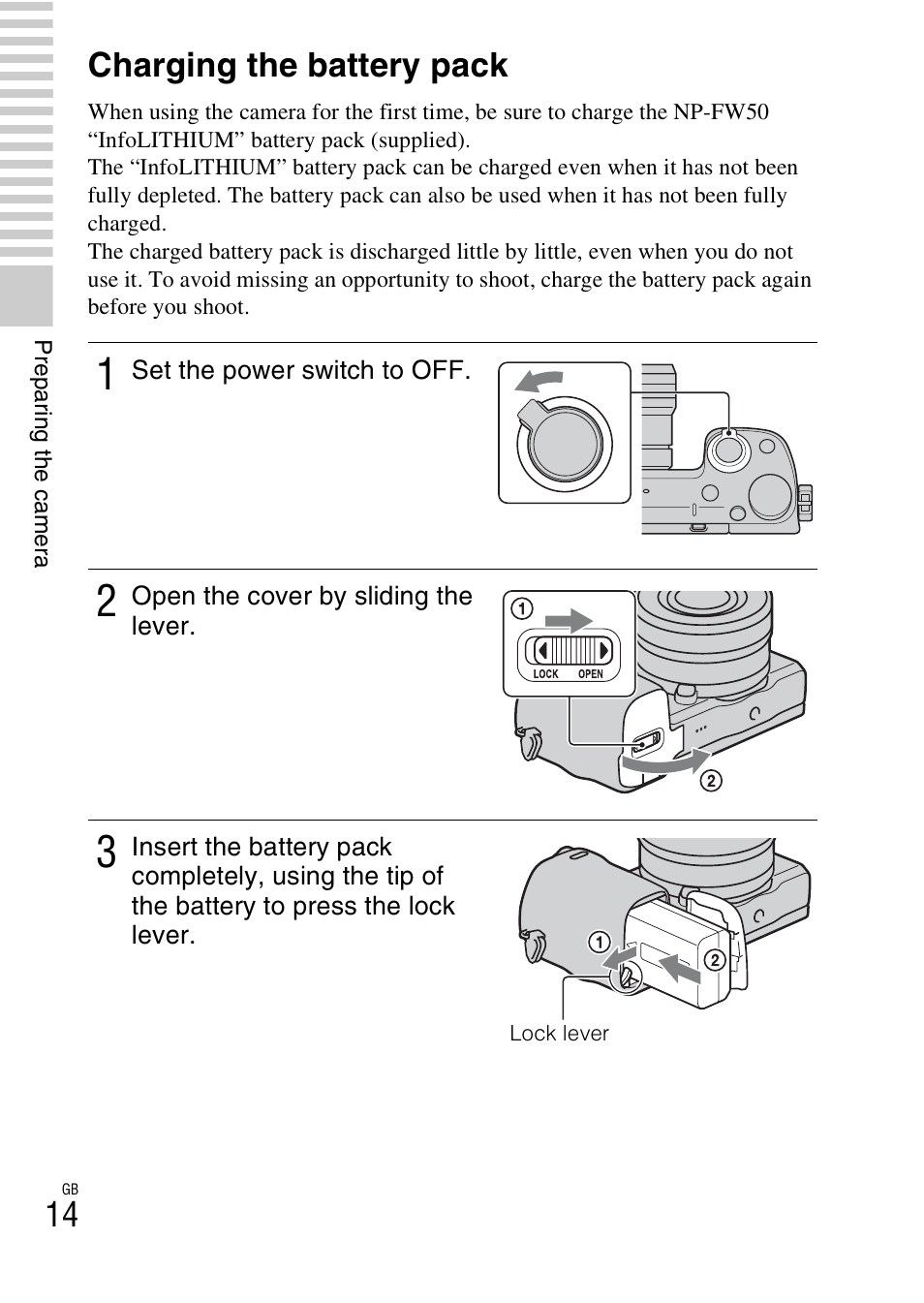Charging the battery pack | Sony NEX-5T User Manual | Page 14 / 104