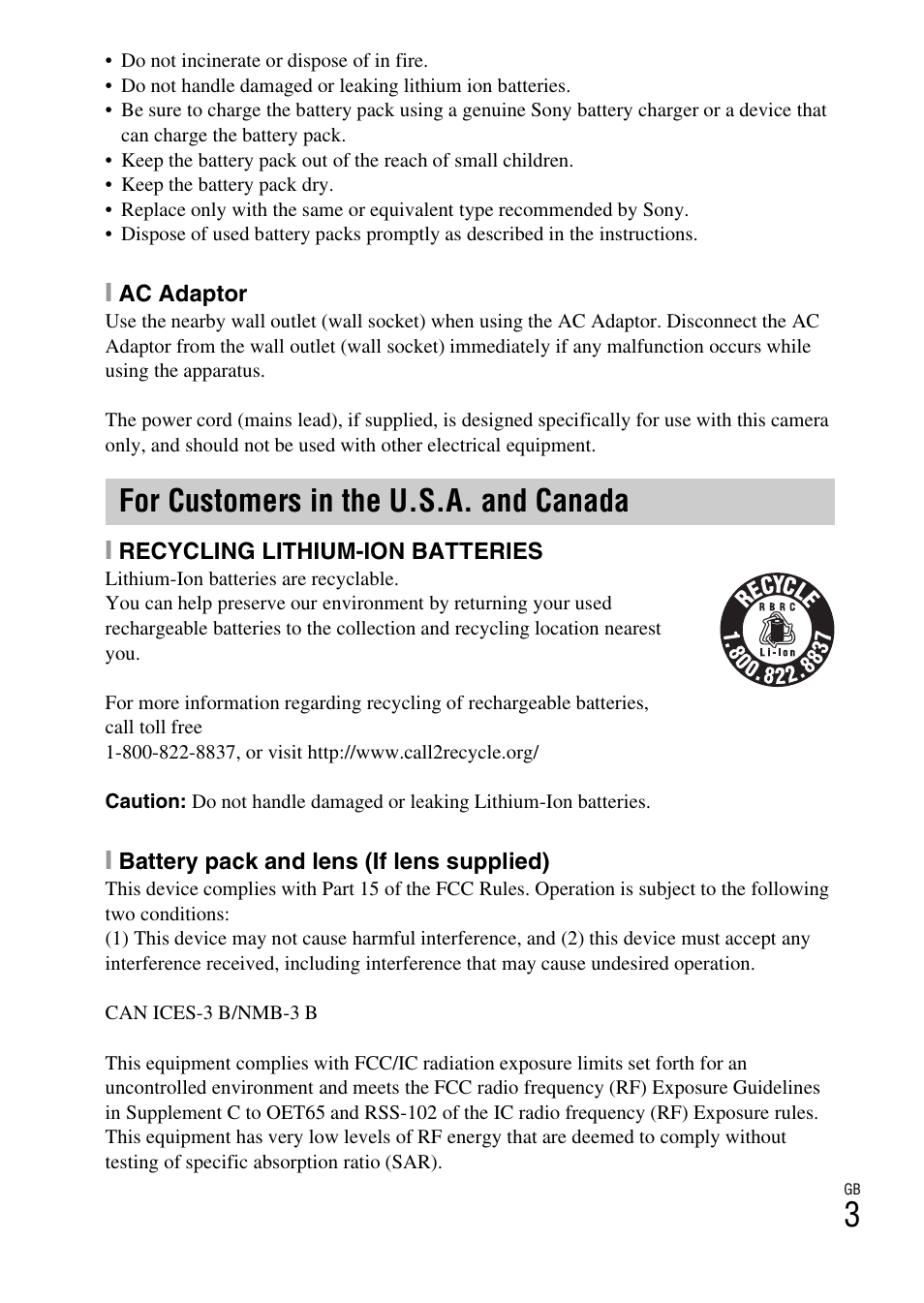 For customers in the u.s.a. and canada | Sony NEX-5T User Manual | Page 3 / 104