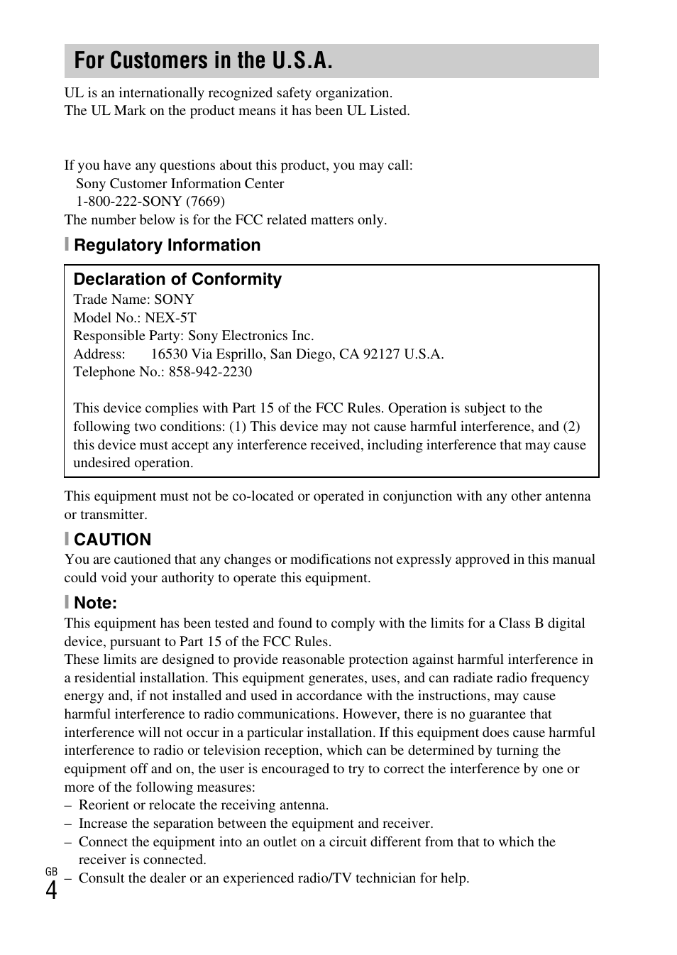 For customers in the u.s.a | Sony NEX-5T User Manual | Page 4 / 104