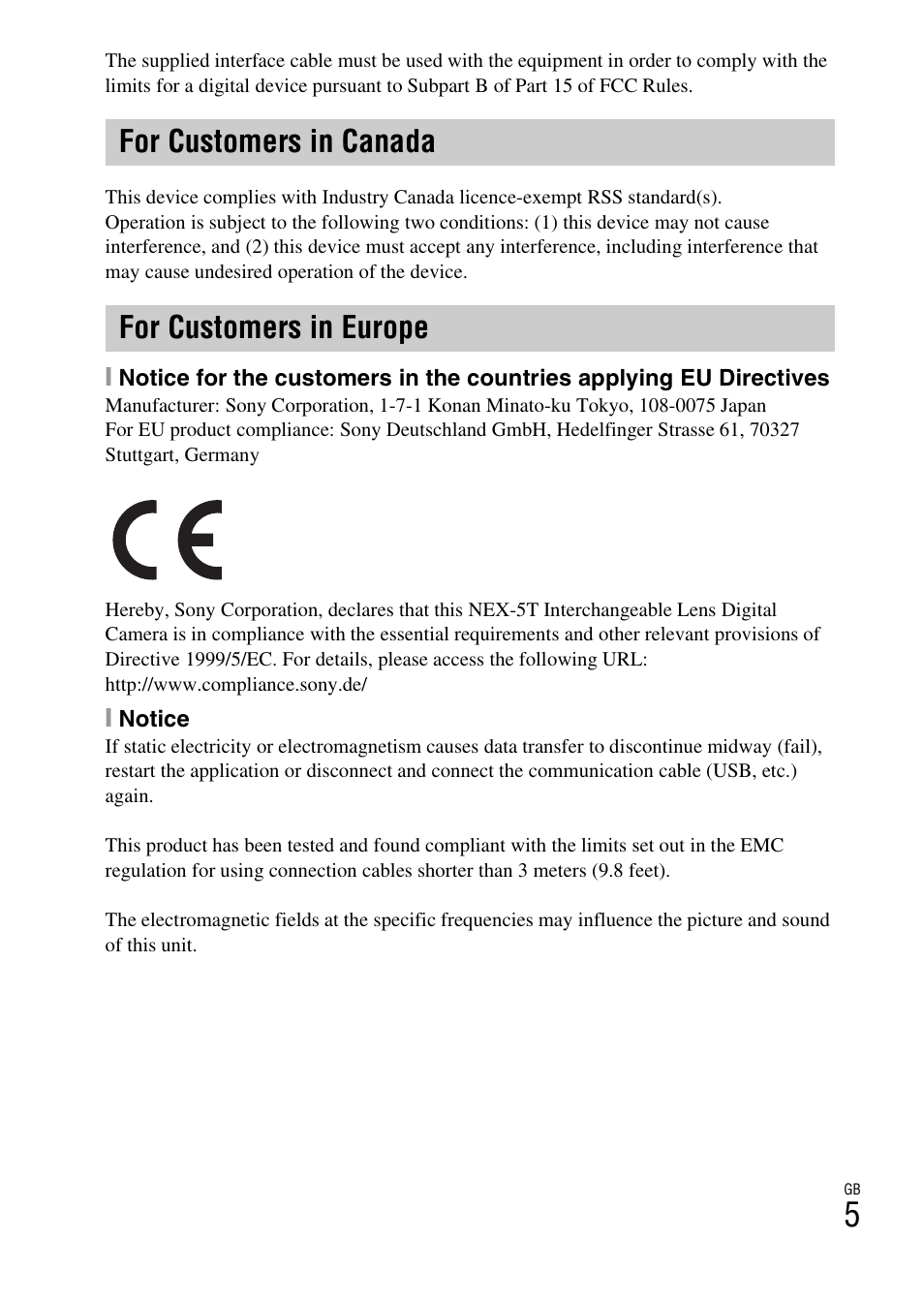 For customers in canada for customers in europe | Sony NEX-5T User Manual | Page 5 / 104