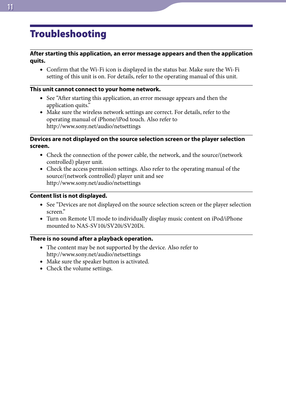 Troubleshooting | Sony NAC-SV10I User Manual | Page 11 / 11