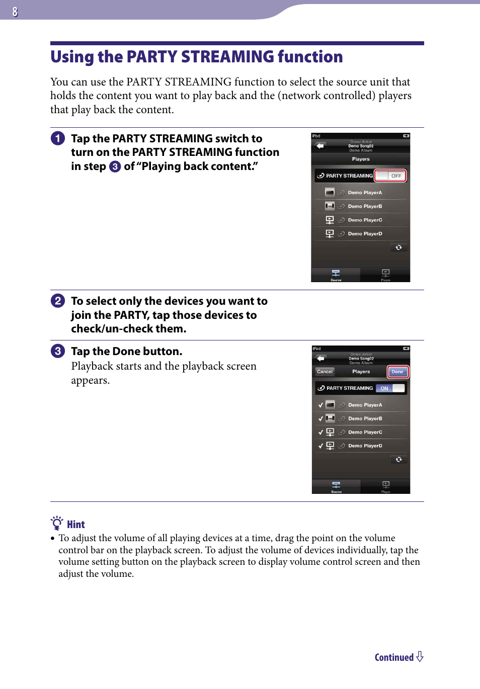 Using the party streaming function | Sony NAC-SV10I User Manual | Page 8 / 11