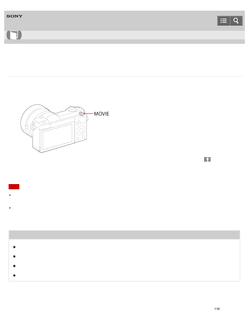Shooting movies, You can record movies by pressing the movie button, Help guide | Sony ILCE-5000 User Manual | Page 116 / 406