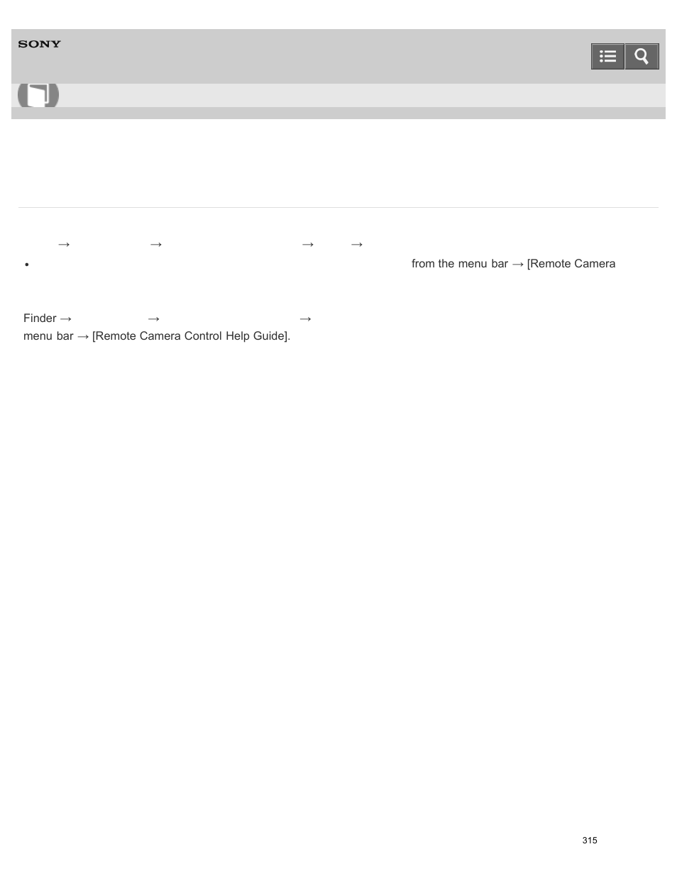 Accessing “remote camera control help guide, Help guide | Sony ILCE-5000 User Manual | Page 315 / 406