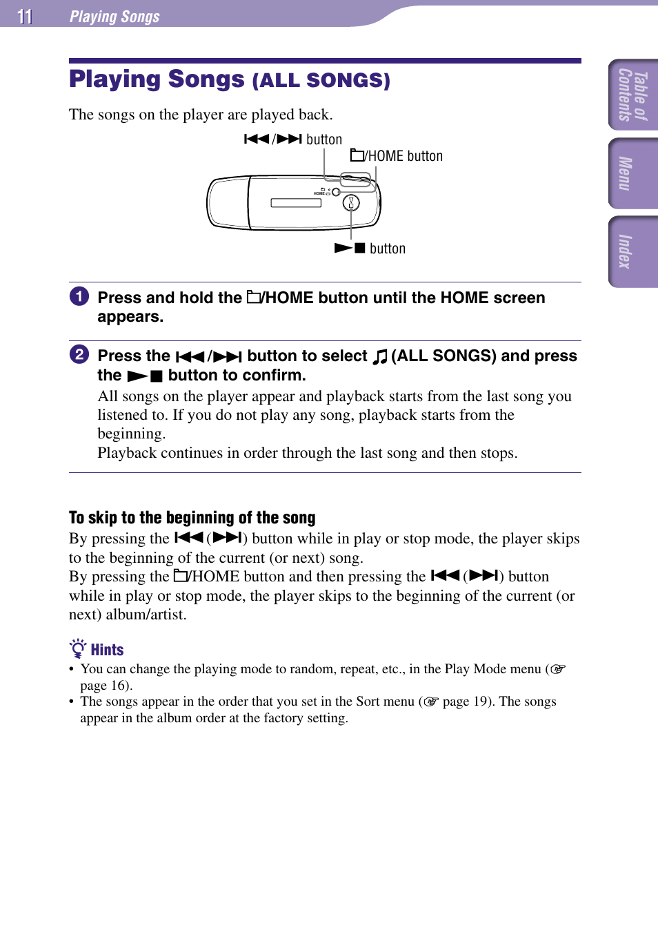 Playing songs, Playing songs (all songs), All songs) | Sony NW-E002F User Manual | Page 11 / 80