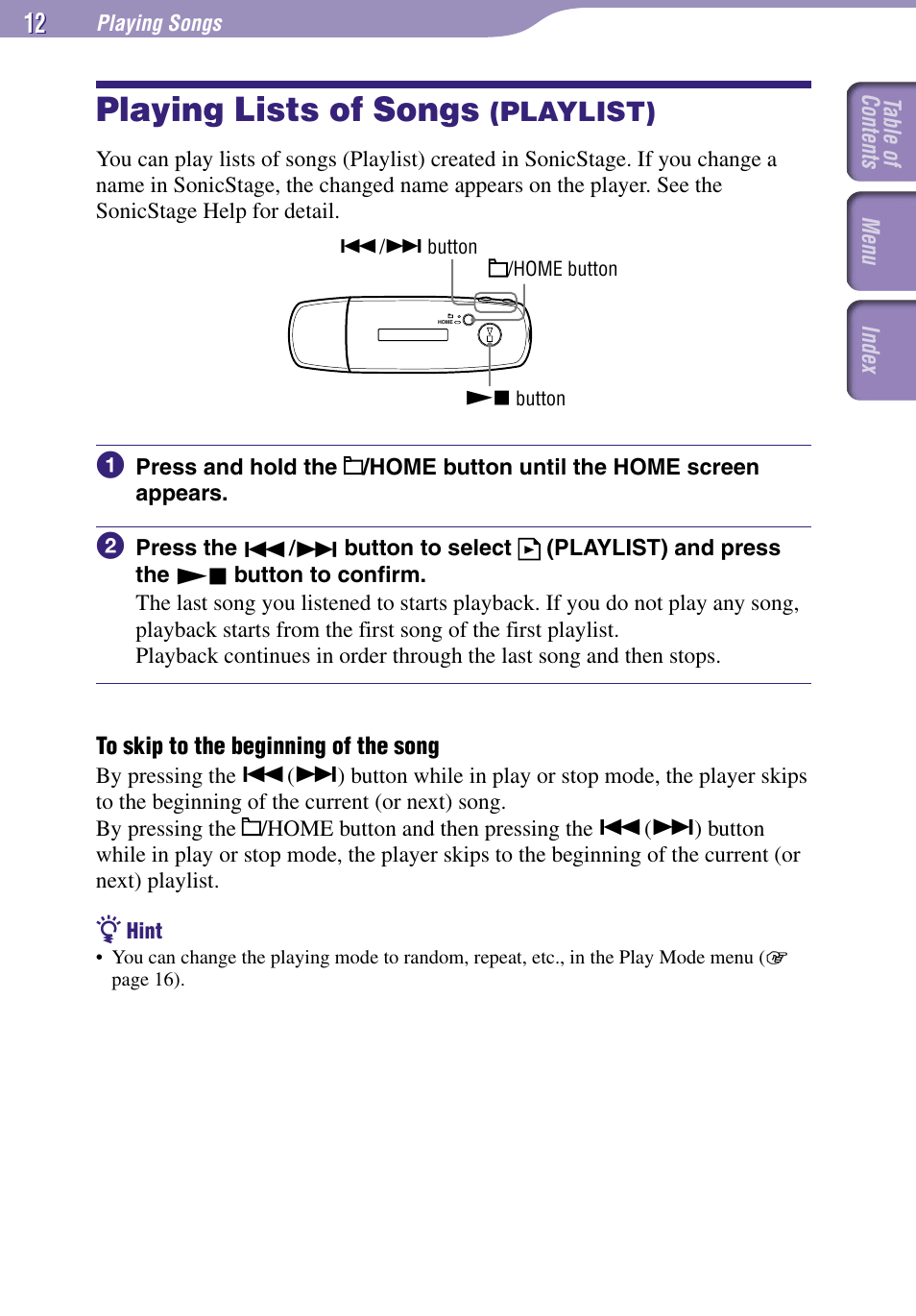 Playing lists of songs (playlist), Playing lists of songs, Playlist) | Sony NW-E002F User Manual | Page 12 / 80