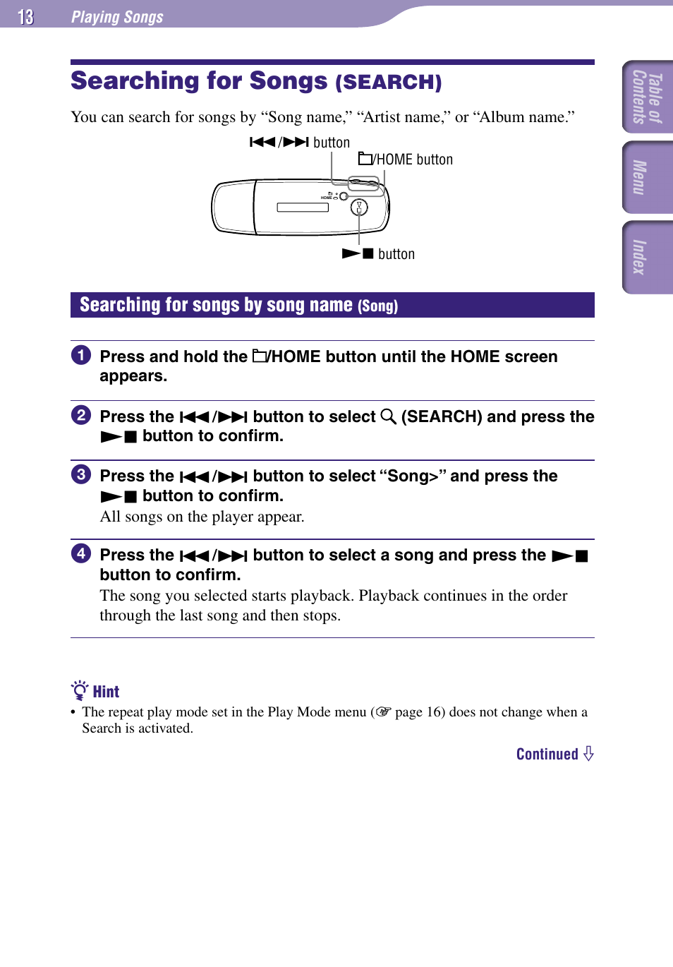 Searching for songs (search), Searching for songs by song name (song), Searching for songs | Search), Searching for songs by song name, Song), Song | Sony NW-E002F User Manual | Page 13 / 80