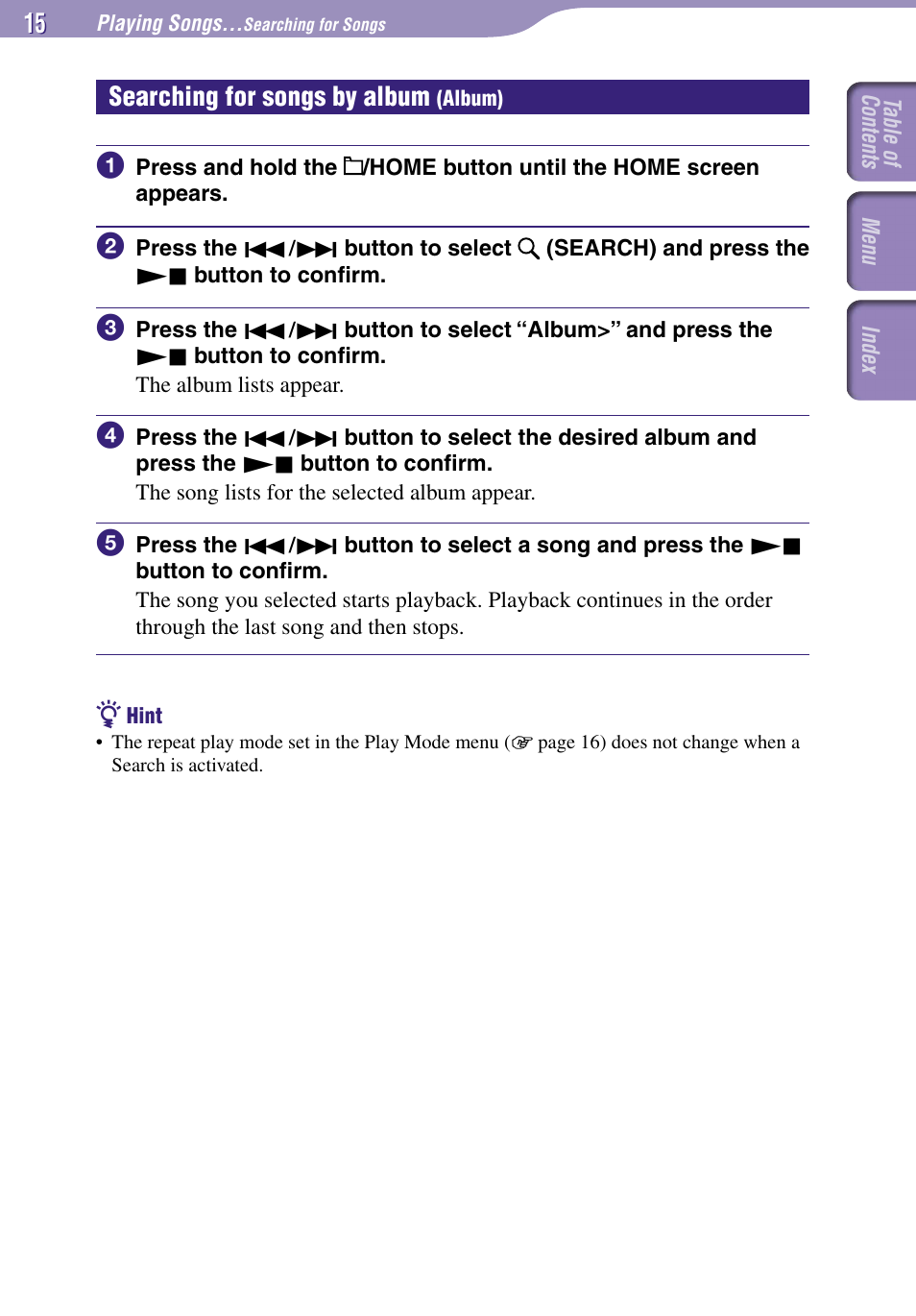 Searching for songs by album (album), Searching for songs by album, Album) | Album | Sony NW-E002F User Manual | Page 15 / 80