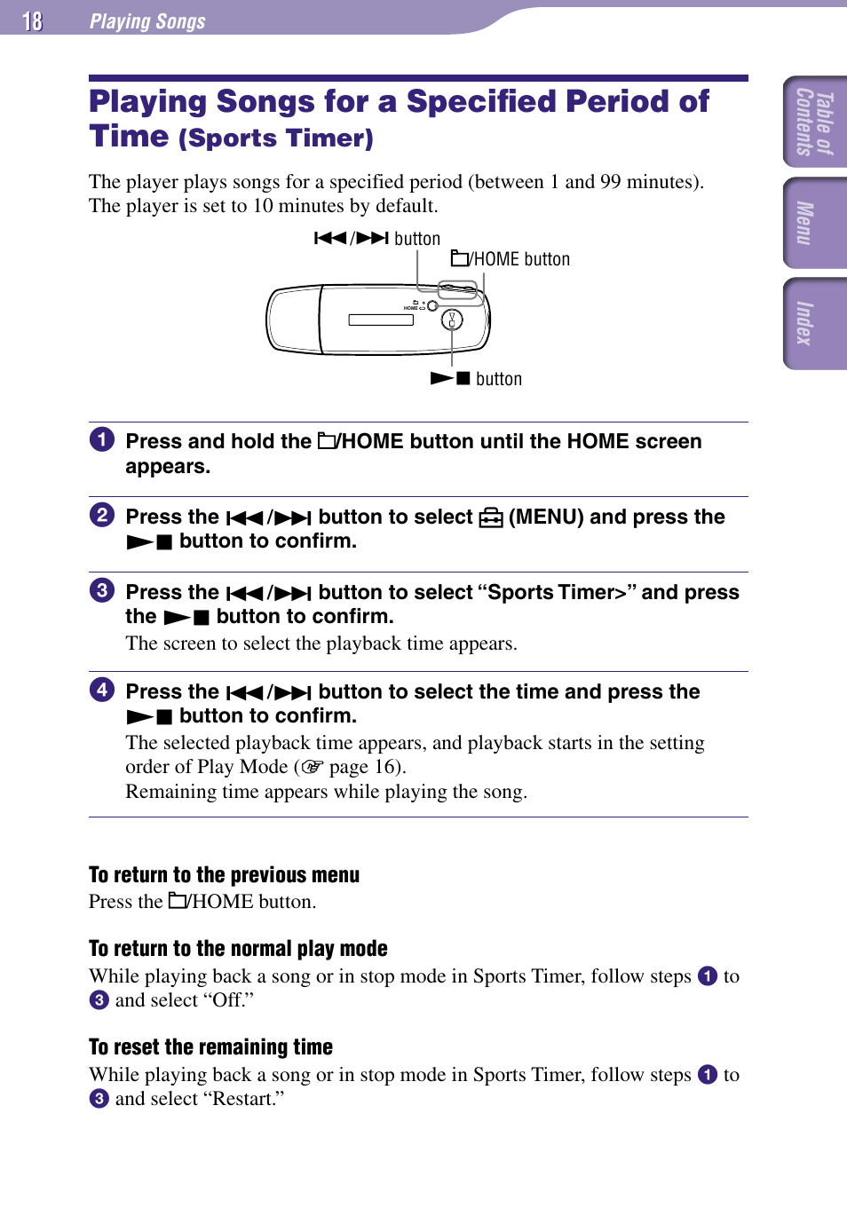 Playing songs for a speciﬁed, Period of time, Sports timer) | Sports timer, Playing songs for a speciﬁed period of time | Sony NW-E002F User Manual | Page 18 / 80