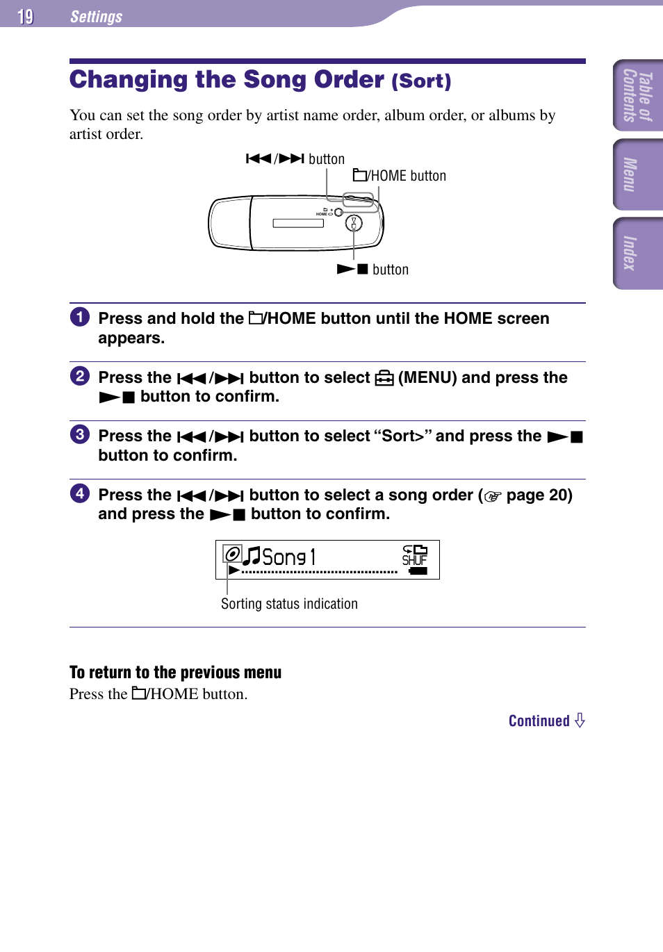 Settings, Changing the song order (sort), Changing the song order | Sort), Sort, Song1 | Sony NW-E002F User Manual | Page 19 / 80