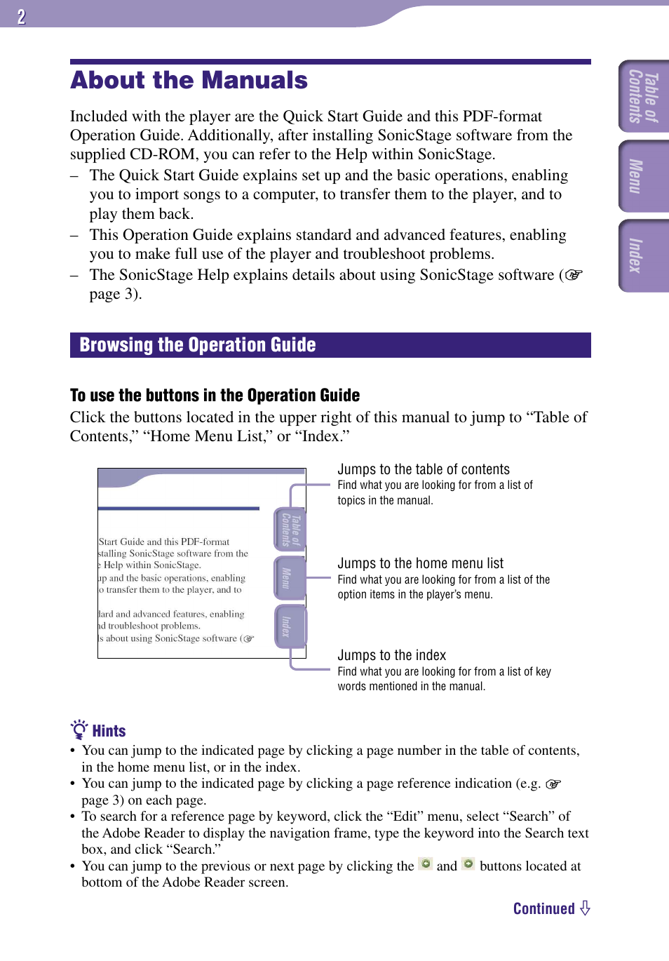 About the manuals, Browsing the operation guide | Sony NW-E002F User Manual | Page 2 / 80