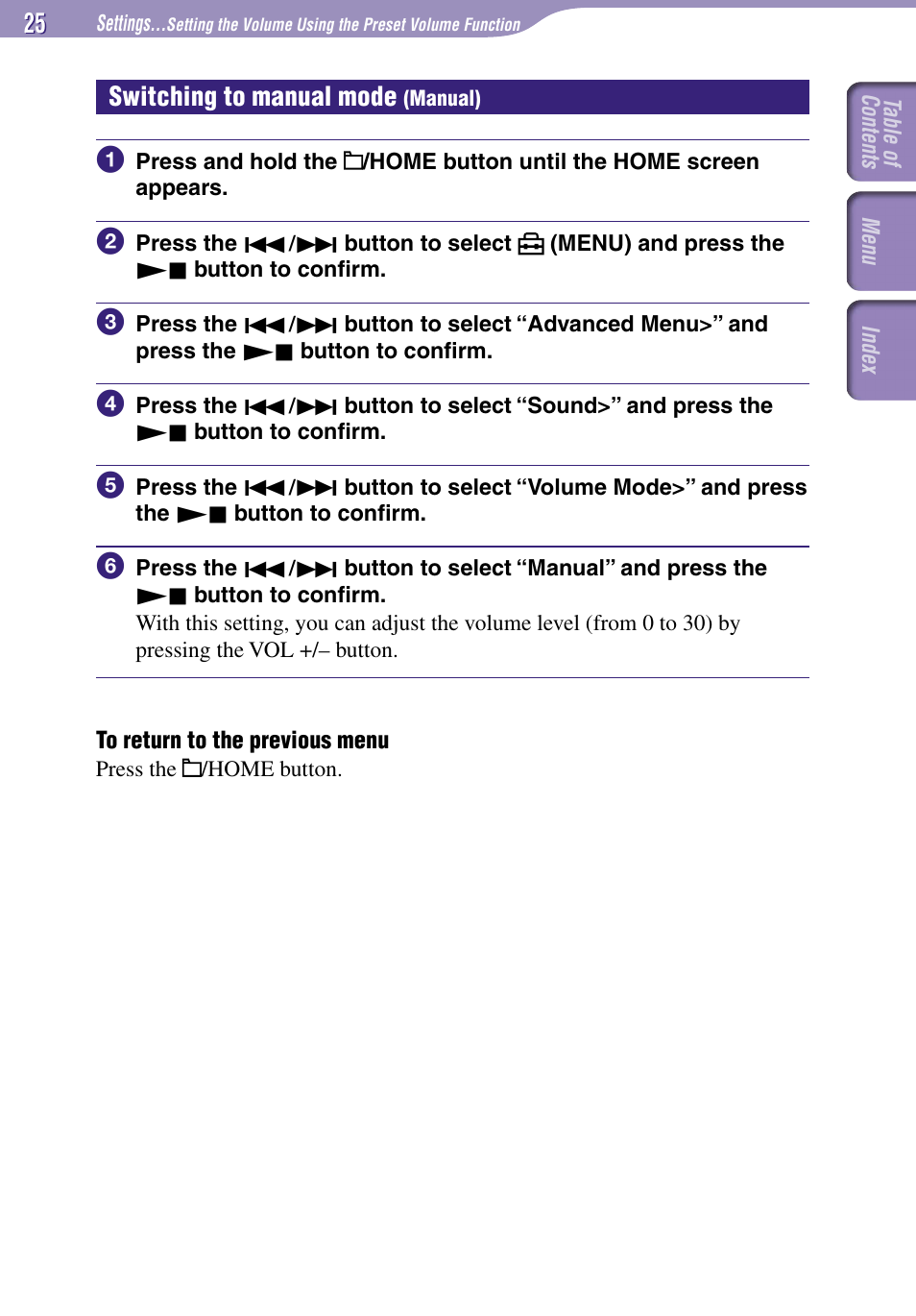 Switching to manual mode (manual), Switching to manual mode, Manual) | Sony NW-E002F User Manual | Page 25 / 80