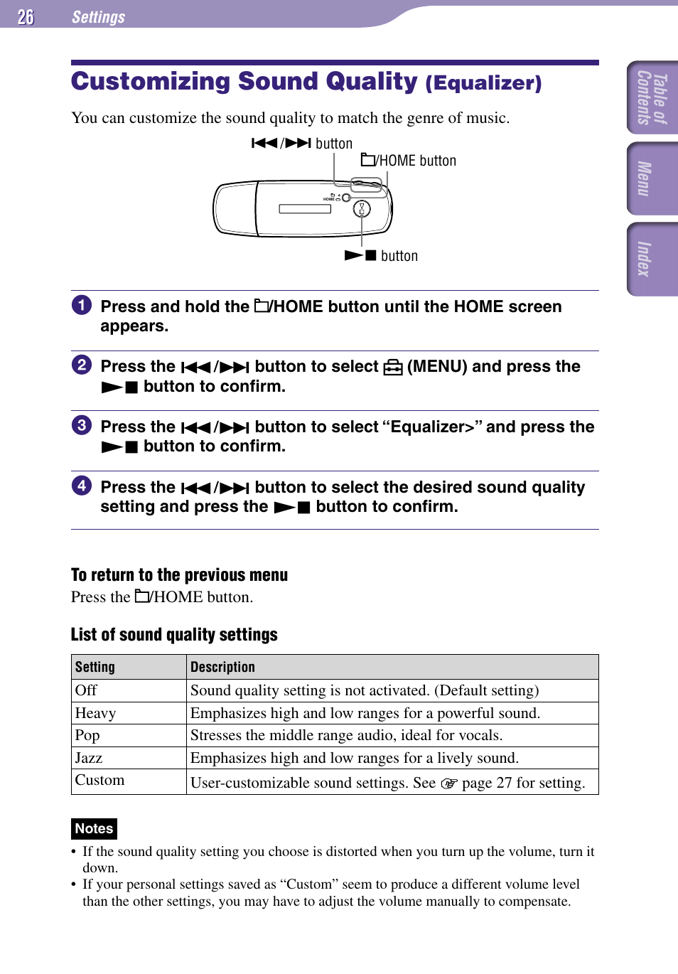 Customizing sound quality (equalizer), Customizing sound quality, Equalizer) | Equalizer, When the sound quality setting (equalizer) | Sony NW-E002F User Manual | Page 26 / 80