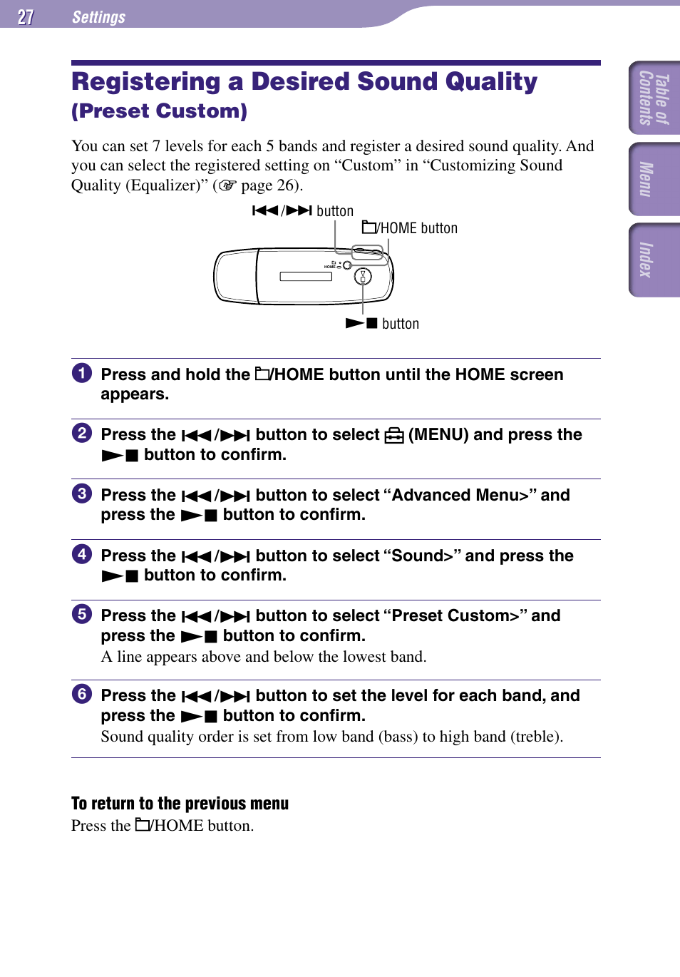 Registering a desired sound quality, Preset custom), Preset custom | Sony NW-E002F User Manual | Page 27 / 80