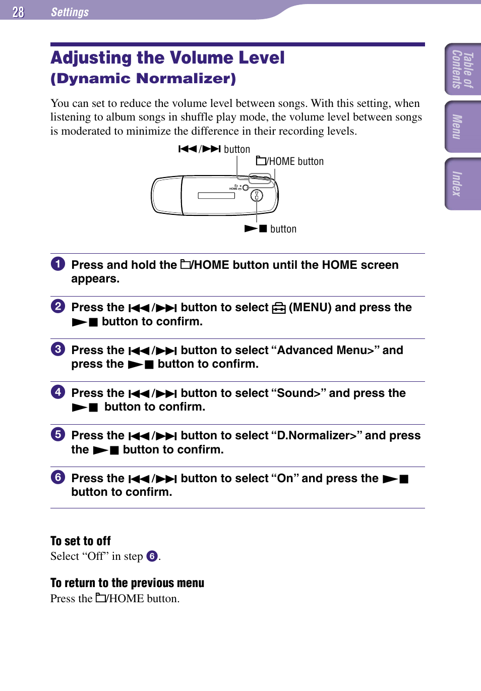 Adjusting the volume level (dynamic normalizer), Adjusting the volume level, Dynamic normalizer) | D.normalizer | Sony NW-E002F User Manual | Page 28 / 80
