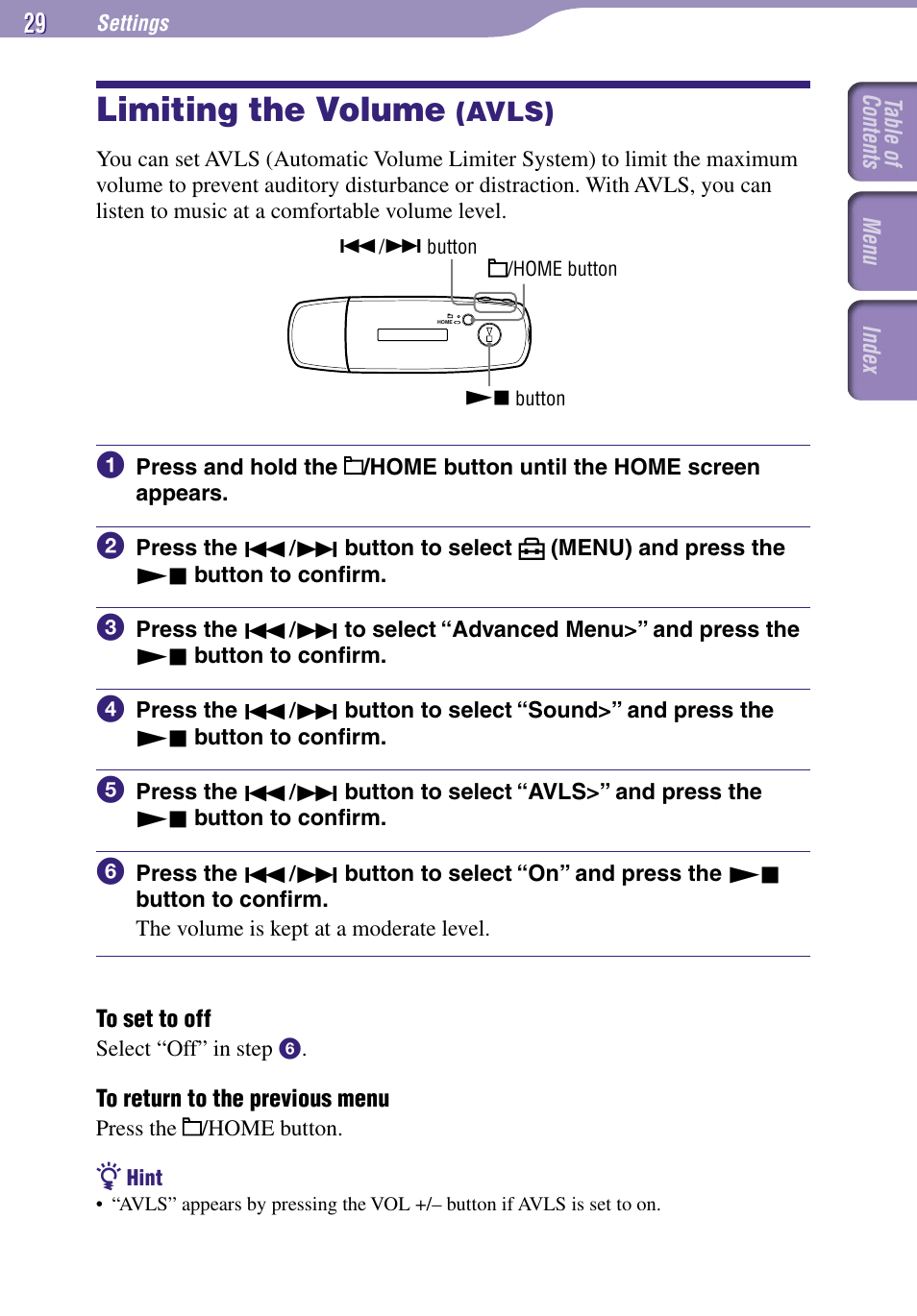 Limiting the volume (avls), Limiting the volume, Avls) | Avls | Sony NW-E002F User Manual | Page 29 / 80