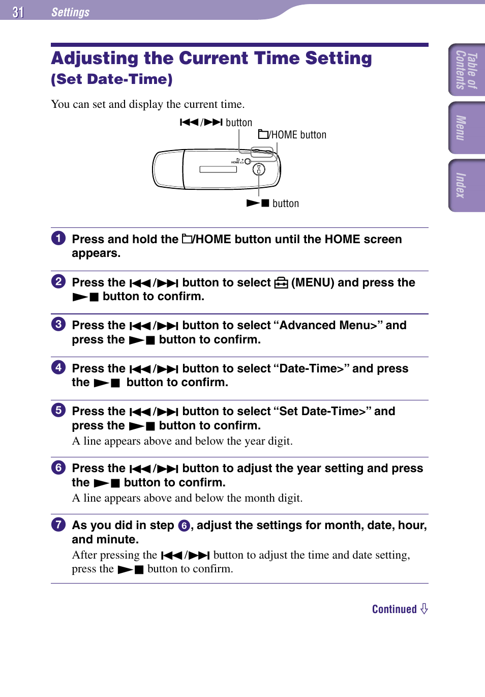 Adjusting the current time setting (set date-time), Adjusting the current time setting, Set date-time) | Set date-time | Sony NW-E002F User Manual | Page 31 / 80