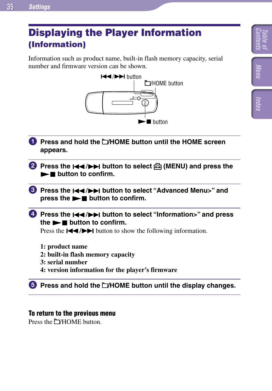 Displaying the player information (information), Displaying the player information, Information) | Information | Sony NW-E002F User Manual | Page 35 / 80