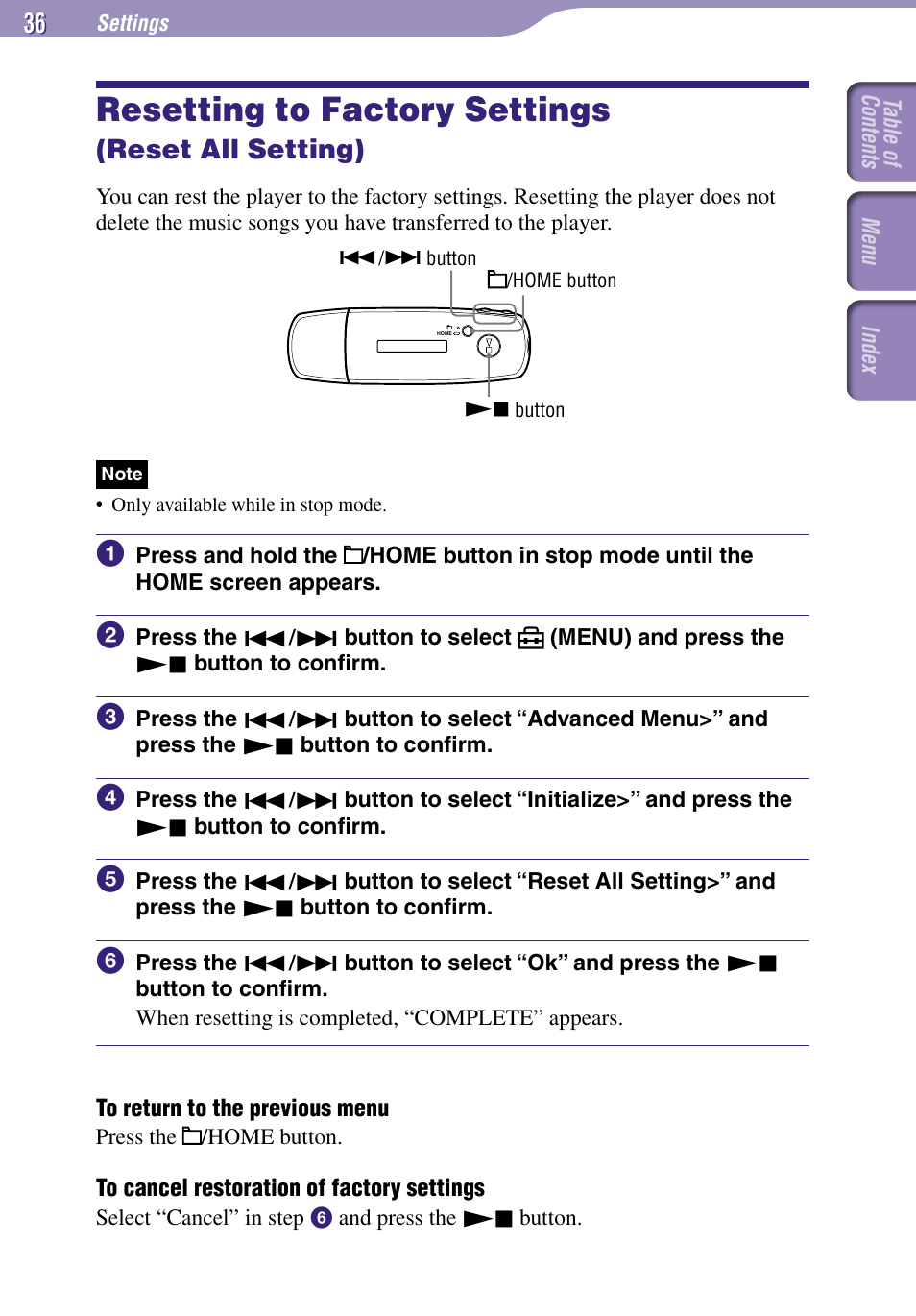 Resetting to factory settings (reset all setting), Resetting to factory settings, Reset all setting) | Reset all setting | Sony NW-E002F User Manual | Page 36 / 80