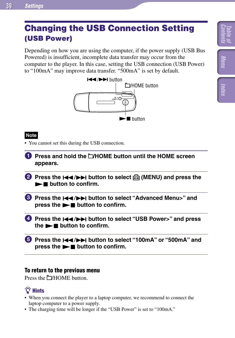 Changing the usb connection setting (usb power), Changing the usb connection, Setting | Usb power), Usb power, Changing the usb connection setting | Sony NW-E002F User Manual | Page 39 / 80