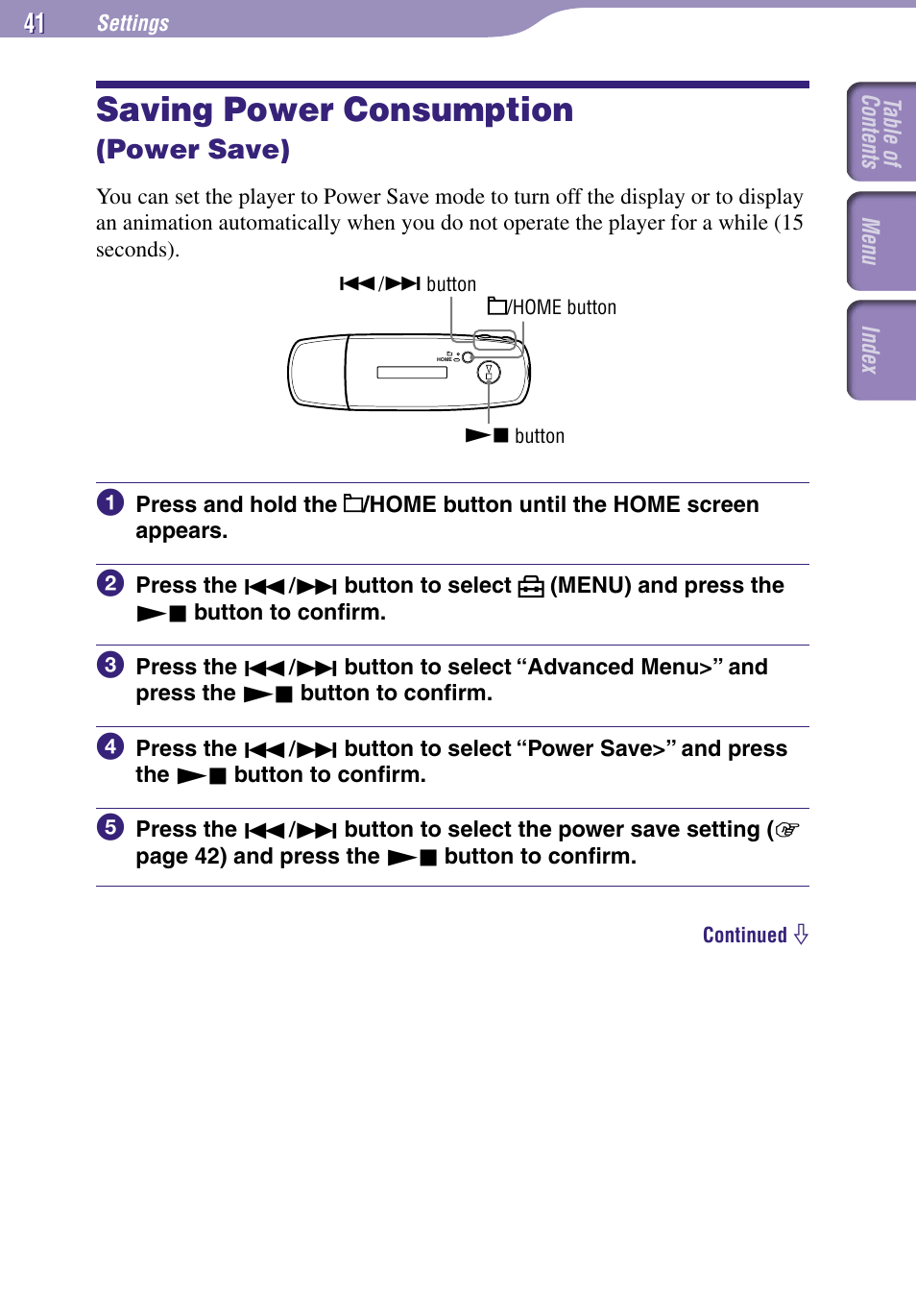 Saving power consumption (power save), Saving power consumption, Power save) | Power save, E setting | Sony NW-E002F User Manual | Page 41 / 80