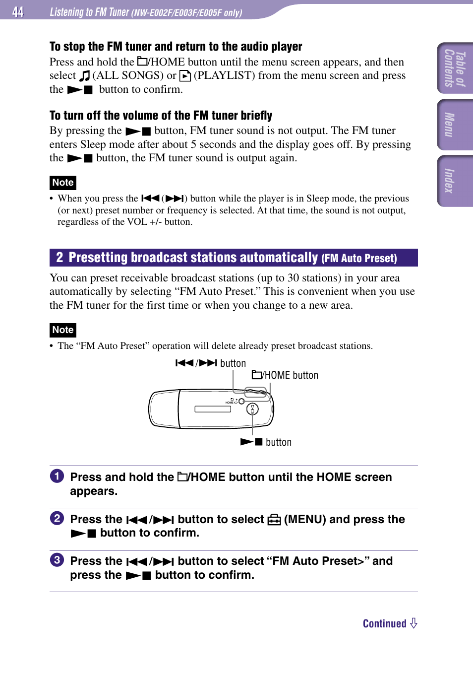 2 presetting broadcast stations, Automatically, Fm auto preset) | Fm auto preset, 2 presetting broadcast stations automatically | Sony NW-E002F User Manual | Page 44 / 80