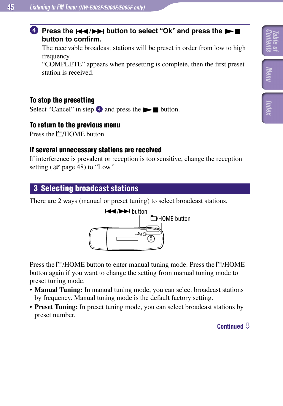 3 selecting broadcast stations | Sony NW-E002F User Manual | Page 45 / 80