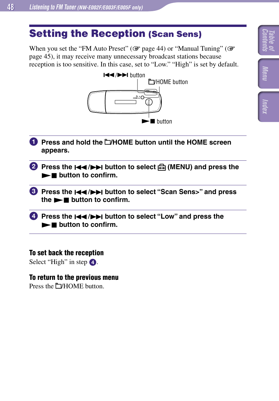 Setting the reception (scan sens), Setting the reception, Scan sens) | Scan sens | Sony NW-E002F User Manual | Page 48 / 80