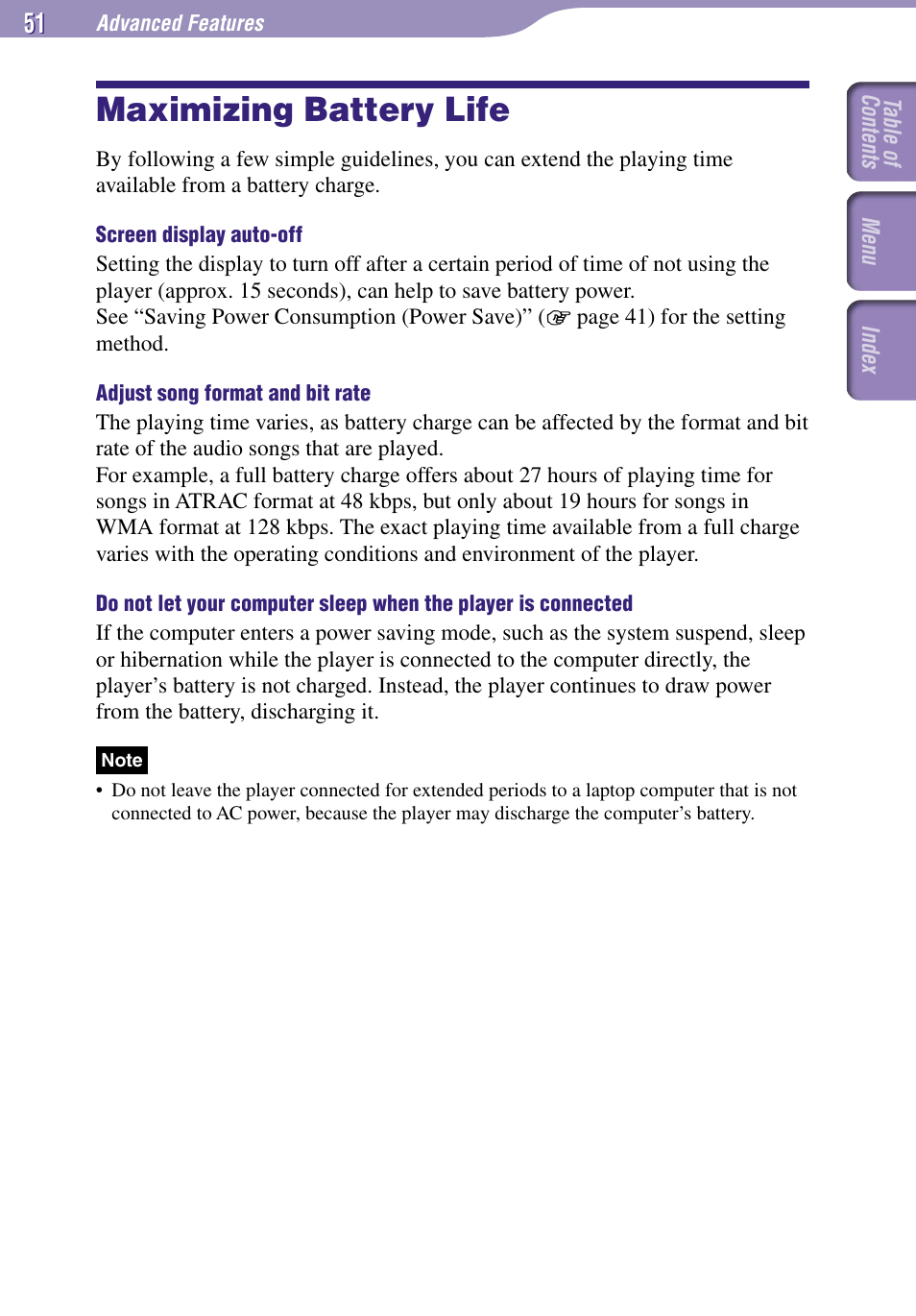 Maximizing battery life | Sony NW-E002F User Manual | Page 51 / 80