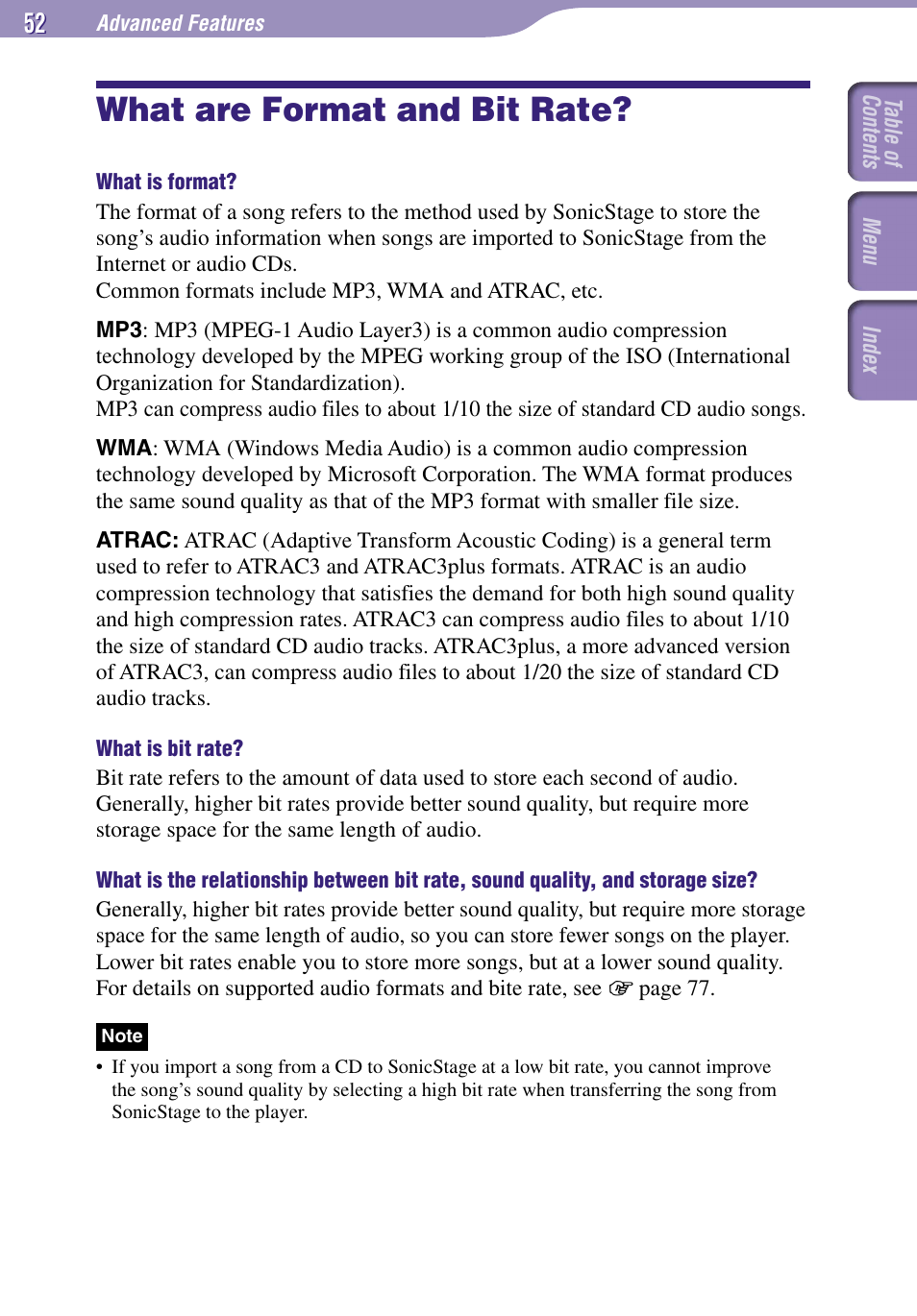 What are format and bit rate | Sony NW-E002F User Manual | Page 52 / 80