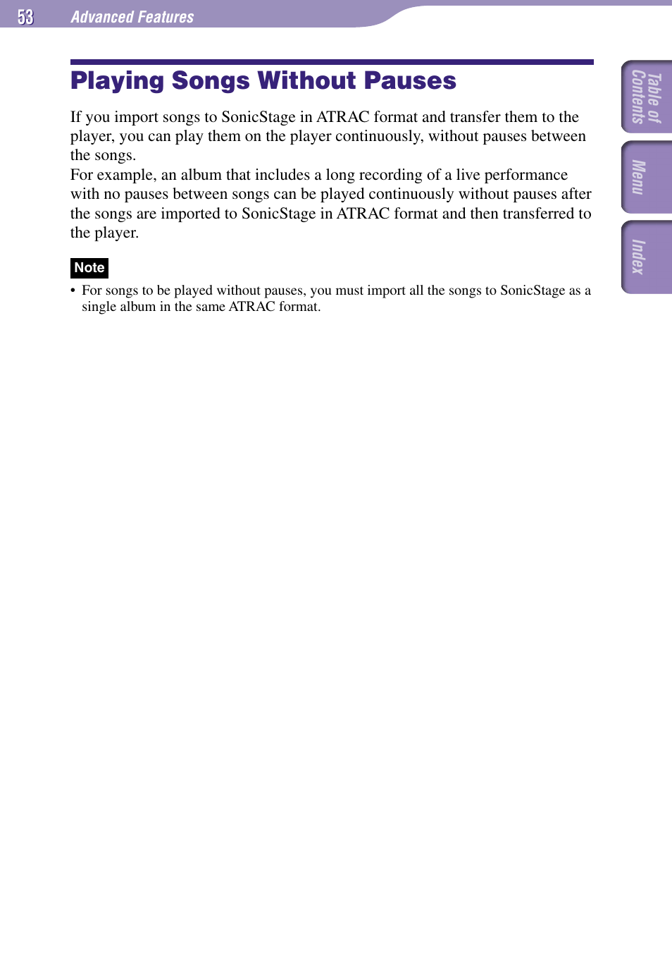 Playing songs without pauses | Sony NW-E002F User Manual | Page 53 / 80