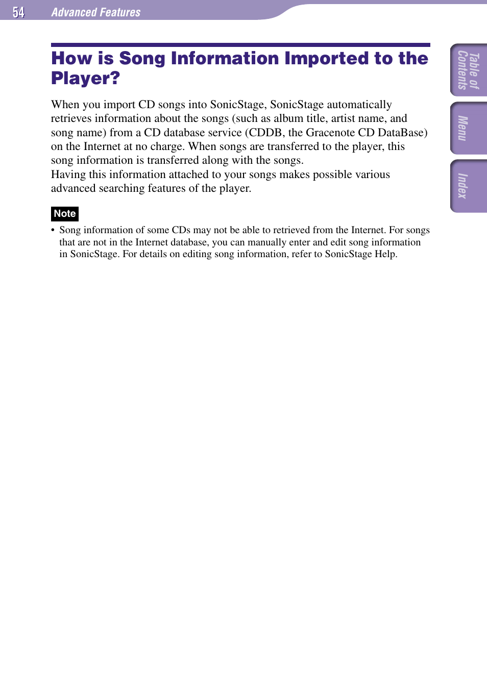 How is song information imported to the player, How is song information imported, To the player | Sony NW-E002F User Manual | Page 54 / 80