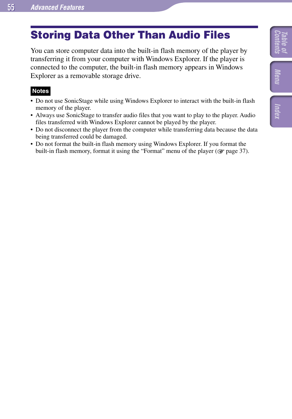 Storing data other than audio files, Storing data other than, Audio files | Sony NW-E002F User Manual | Page 55 / 80
