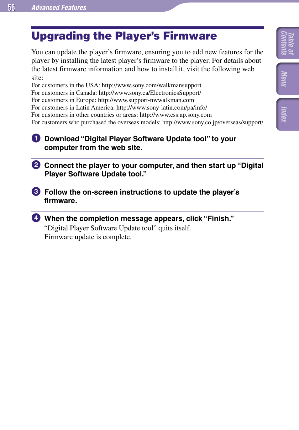 Upgrading the player’s firmware | Sony NW-E002F User Manual | Page 56 / 80