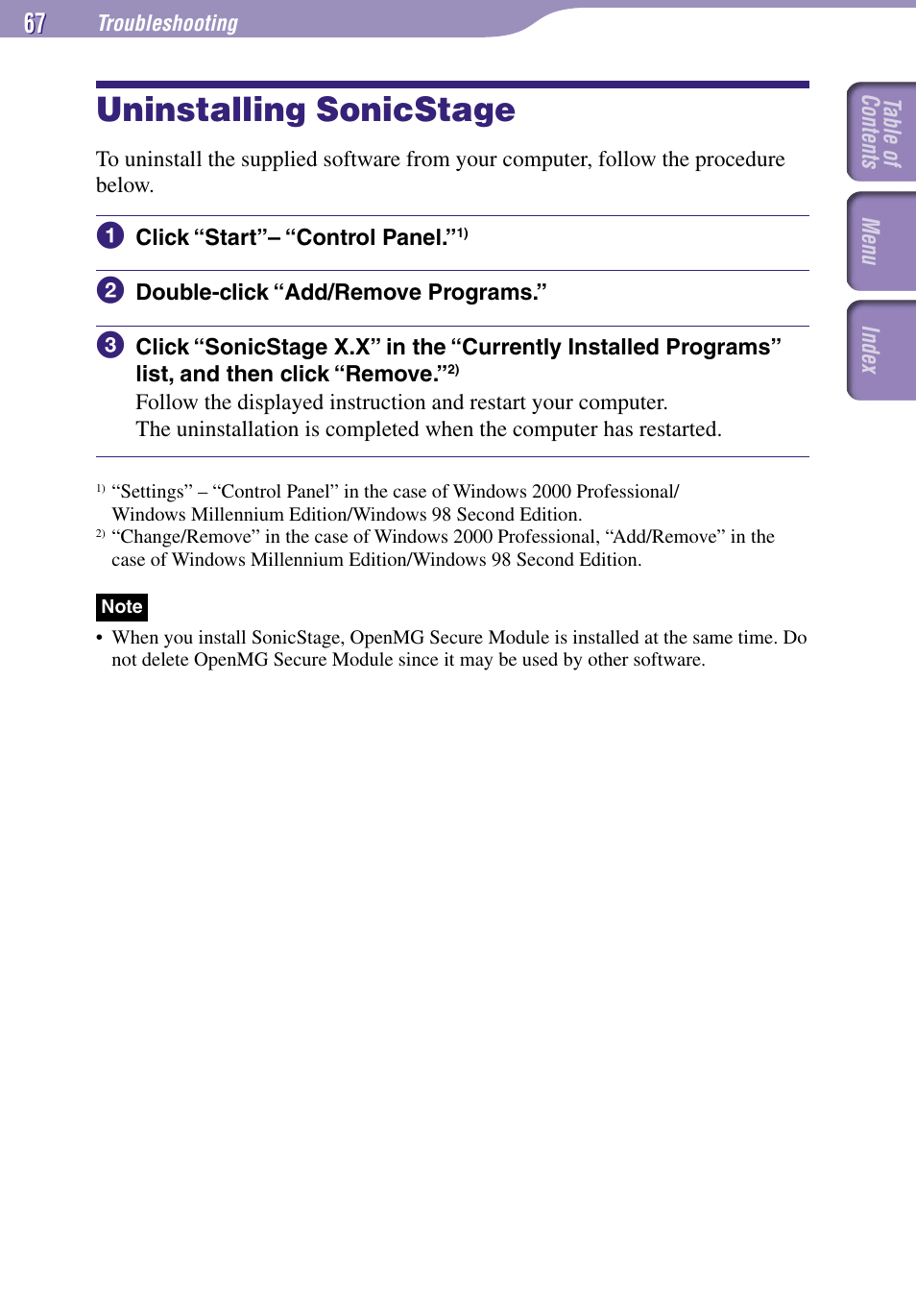 Uninstalling sonicstage | Sony NW-E002F User Manual | Page 67 / 80