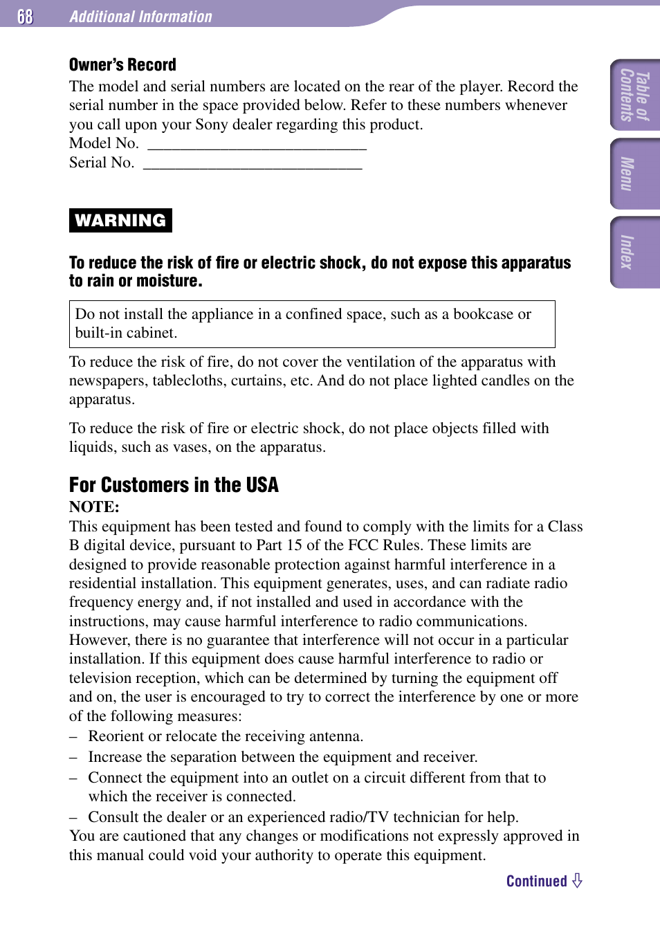 Additional information, For customers in the usa | Sony NW-E002F User Manual | Page 68 / 80