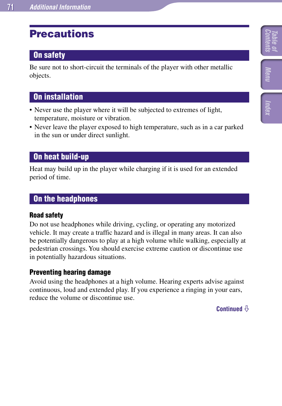 Precautions, On safety, On installation | On heat build-up, On the headphones | Sony NW-E002F User Manual | Page 71 / 80