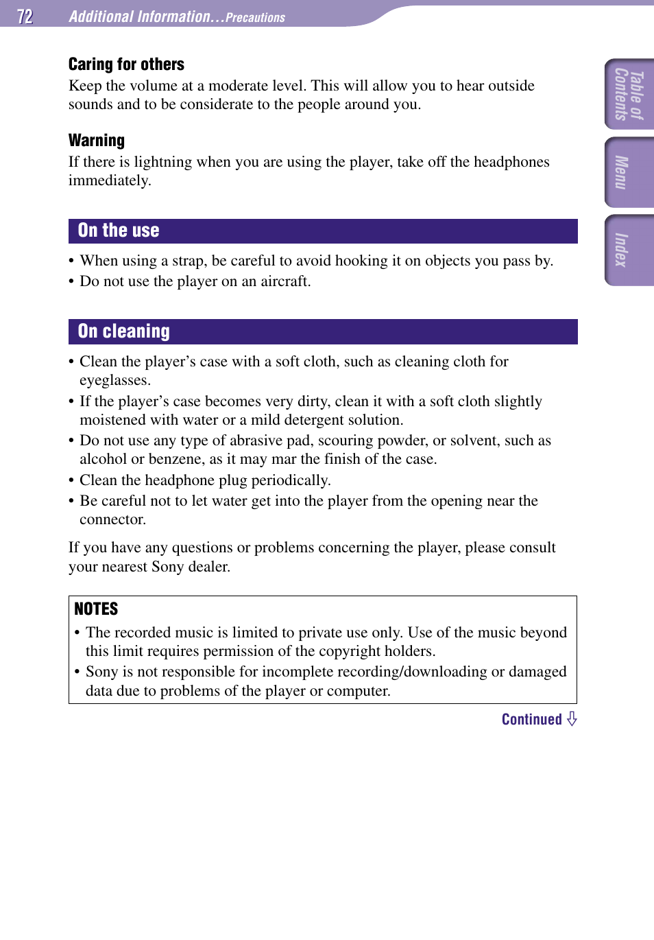 On the use, On cleaning | Sony NW-E002F User Manual | Page 72 / 80