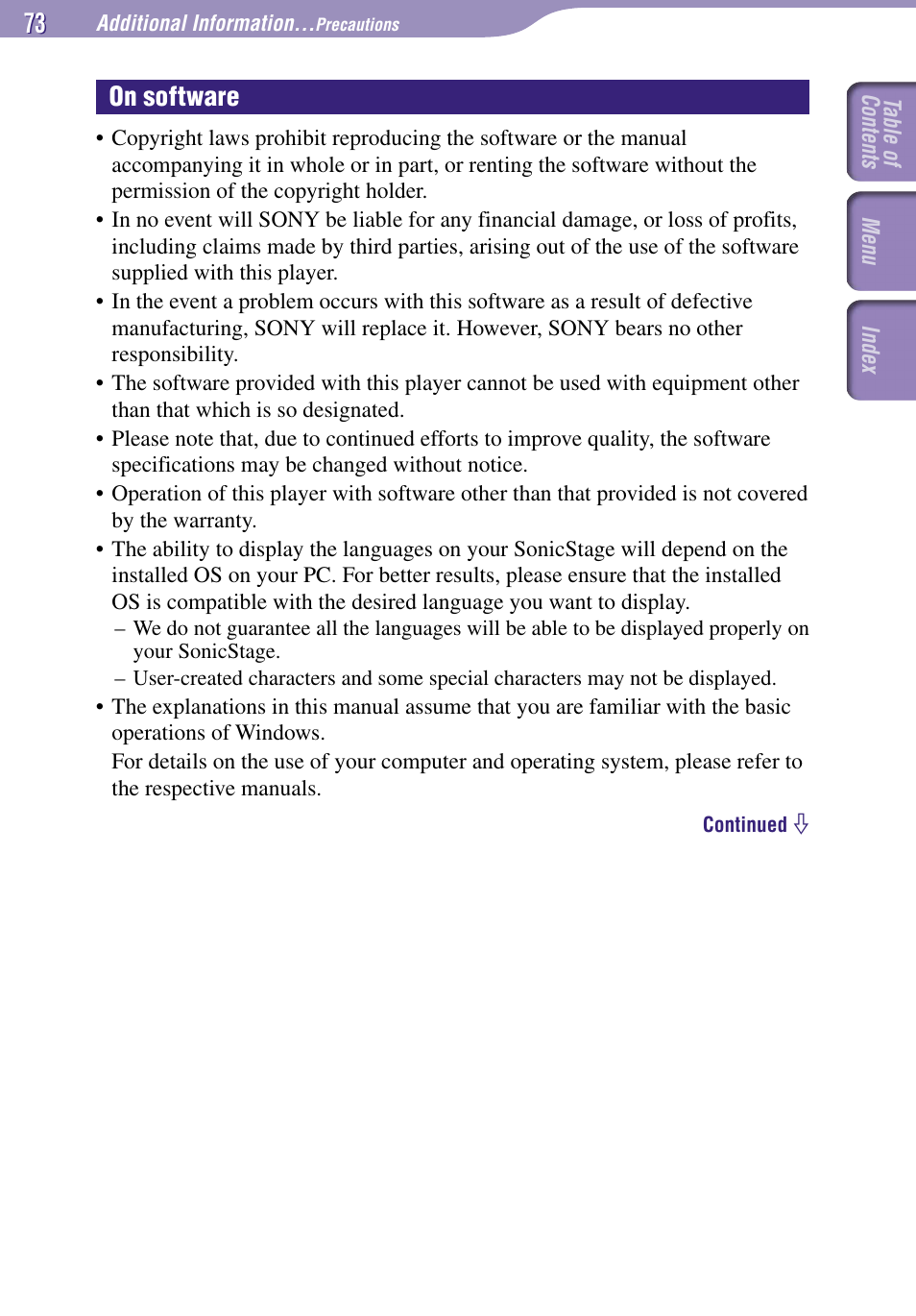 On software | Sony NW-E002F User Manual | Page 73 / 80