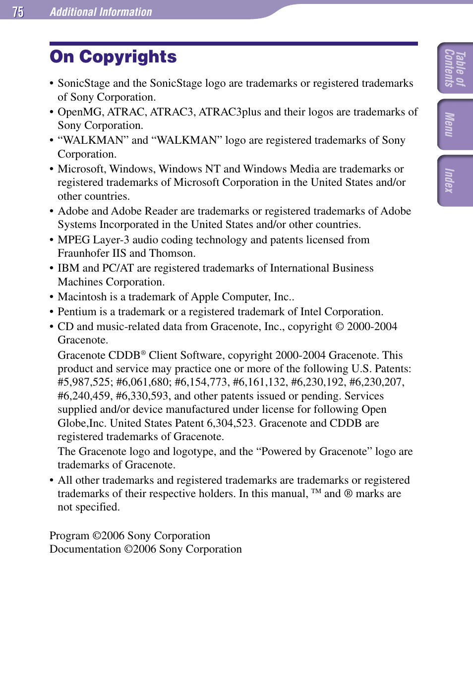 On copyrights | Sony NW-E002F User Manual | Page 75 / 80