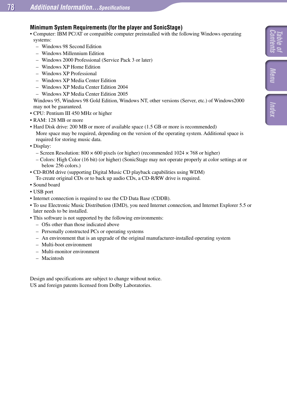 Table of contents index menu | Sony NW-E002F User Manual | Page 78 / 80