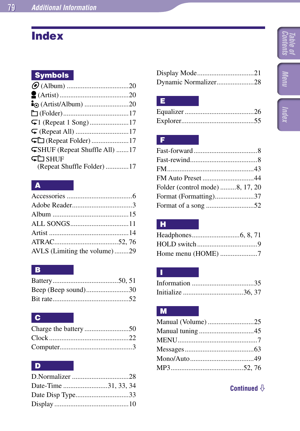 Index | Sony NW-E002F User Manual | Page 79 / 80