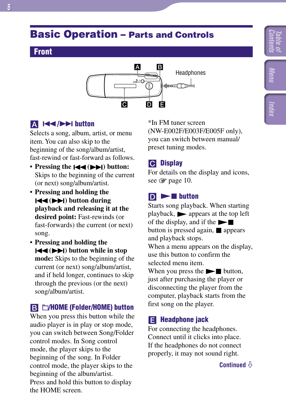 Basic operation – parts and controls, Basic operation, Parts and controls | Front | Sony NW-E002F User Manual | Page 8 / 80