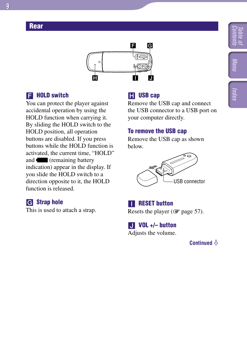 Rear, Hold switch, Strap hole | Usb cap, Reset button, Vol +/– button, Table of contents index menu, This is used to attach a strap, Remove the usb cap as shown below, Resets the player ( page 57) | Sony NW-E002F User Manual | Page 9 / 80