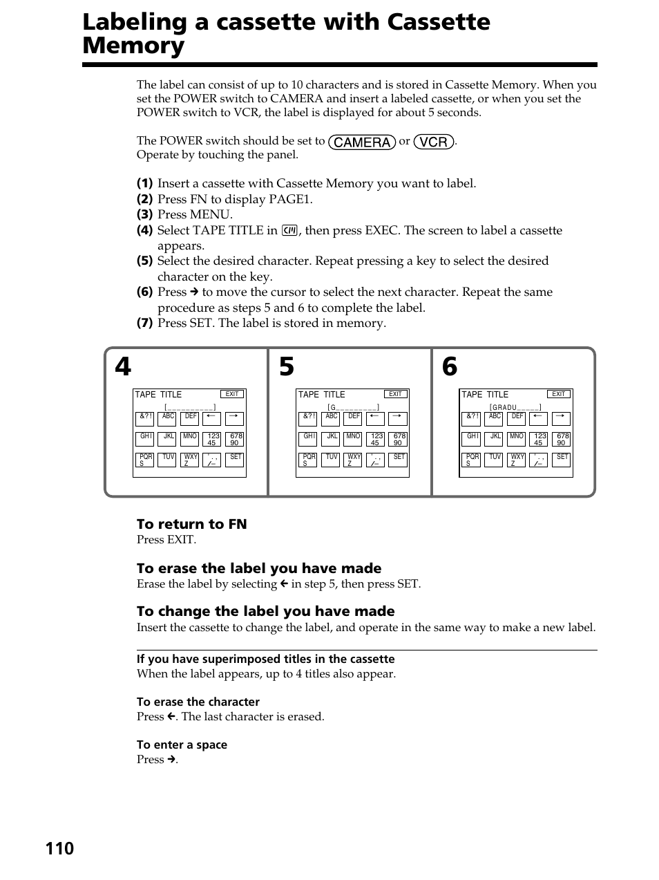 Labeling a cassette with cassette memory, Press exit | Sony DCR-PC105 User Manual | Page 110 / 240