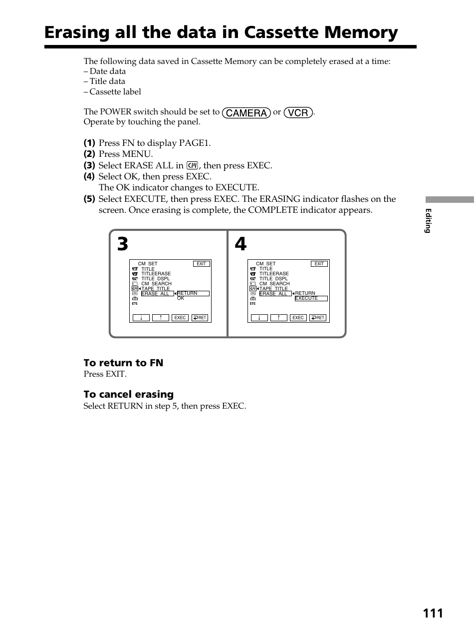 Erasing all the data in cassette memory | Sony DCR-PC105 User Manual | Page 111 / 240